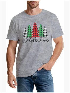 Cotton Blend Christmas Tree Graphic Short Sleeve T-Shirt Holiday Tee